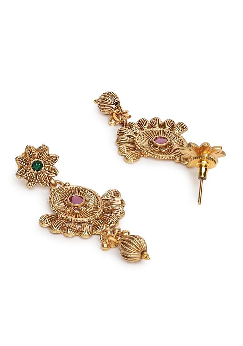 Gold Plated Red And Green Stone Studded Jewellery Set - Indya