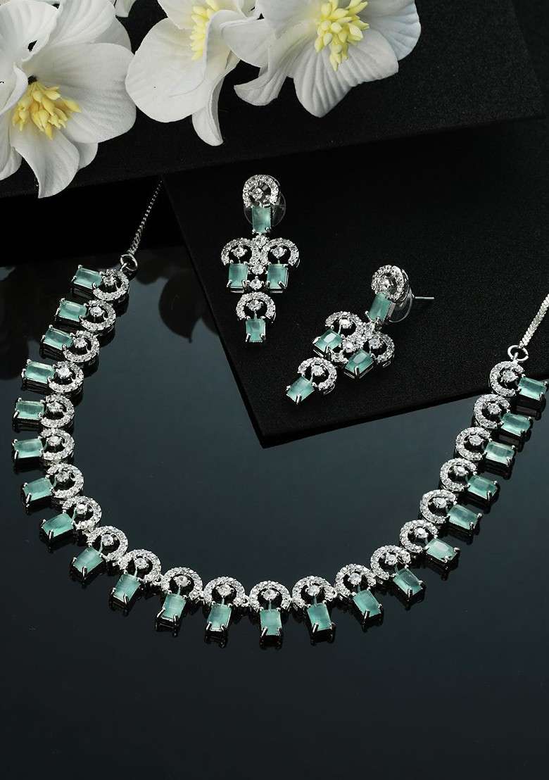Silver Plated Pastel Green Ad Studded And Beaded Handcrafted Jewellery Set - Indya