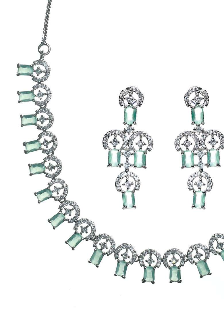 Silver Plated Pastel Green Ad Studded And Beaded Handcrafted Jewellery Set - Indya