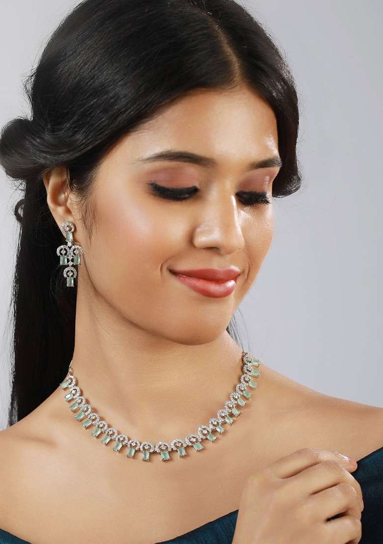 Silver Plated Pastel Green Ad Studded And Beaded Handcrafted Jewellery Set - Indya