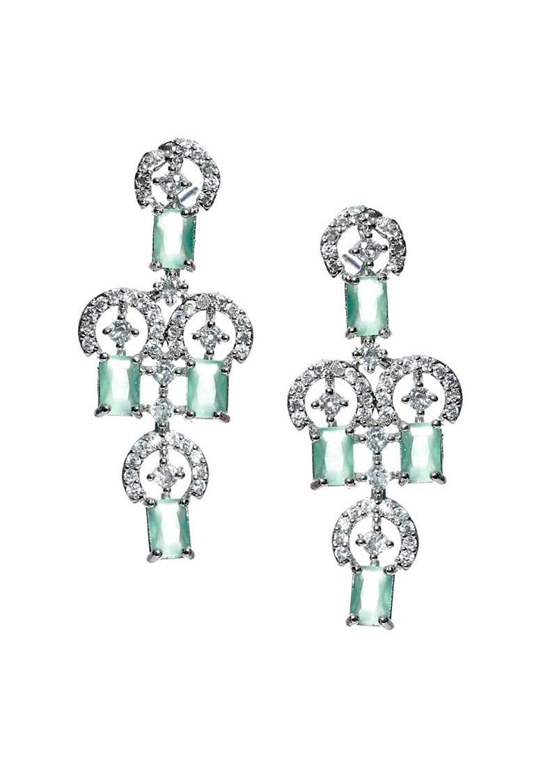 Silver Plated Pastel Green Ad Studded And Beaded Handcrafted Jewellery Set - Indya