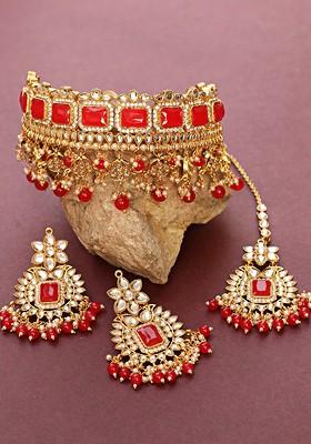 Gold Plated Red Stone Studded Jewellery Set