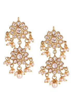 Gold Plated White Kundan Studded And Pearls Beaded Layered Jewellery Set