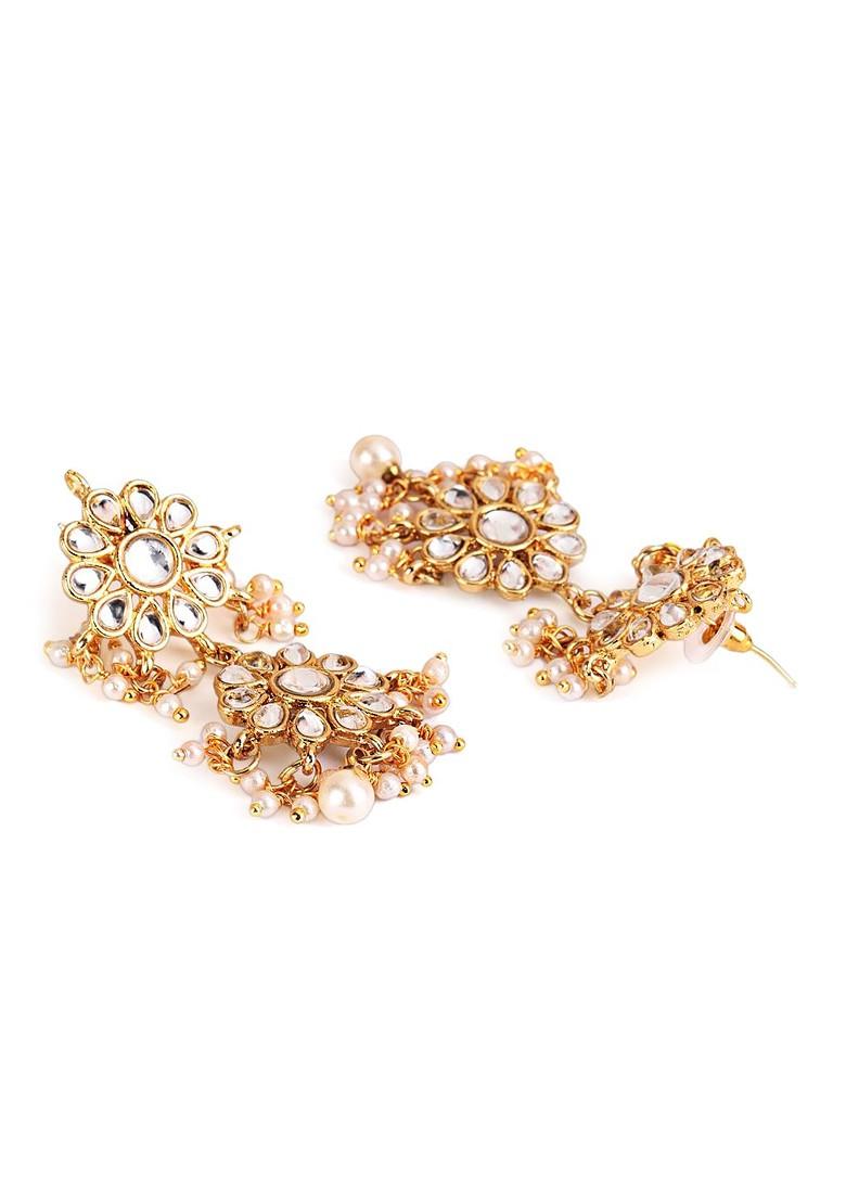 Gold Plated White Kundan Studded And Pearls Beaded Layered Jewellery Set - Indya
