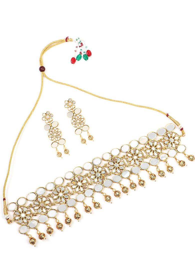 Gold Plated Red And Green Stone Studded Mirror Jewellery Set - Indya