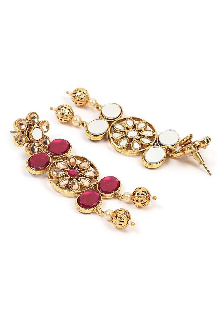 Gold Plated Red And Green Stone Studded Mirror Jewellery Set - Indya