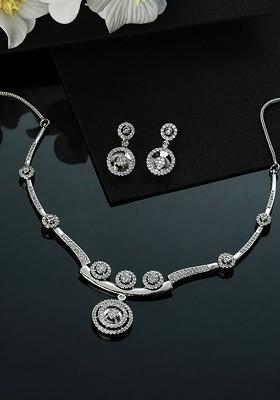 Silver Plated White Ad And Cz Studded Jewellery Set
