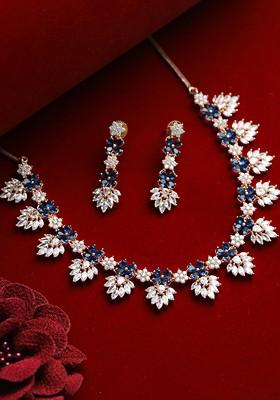 Rose Gold Plated Blue And White Ad Studded Jewellery Set