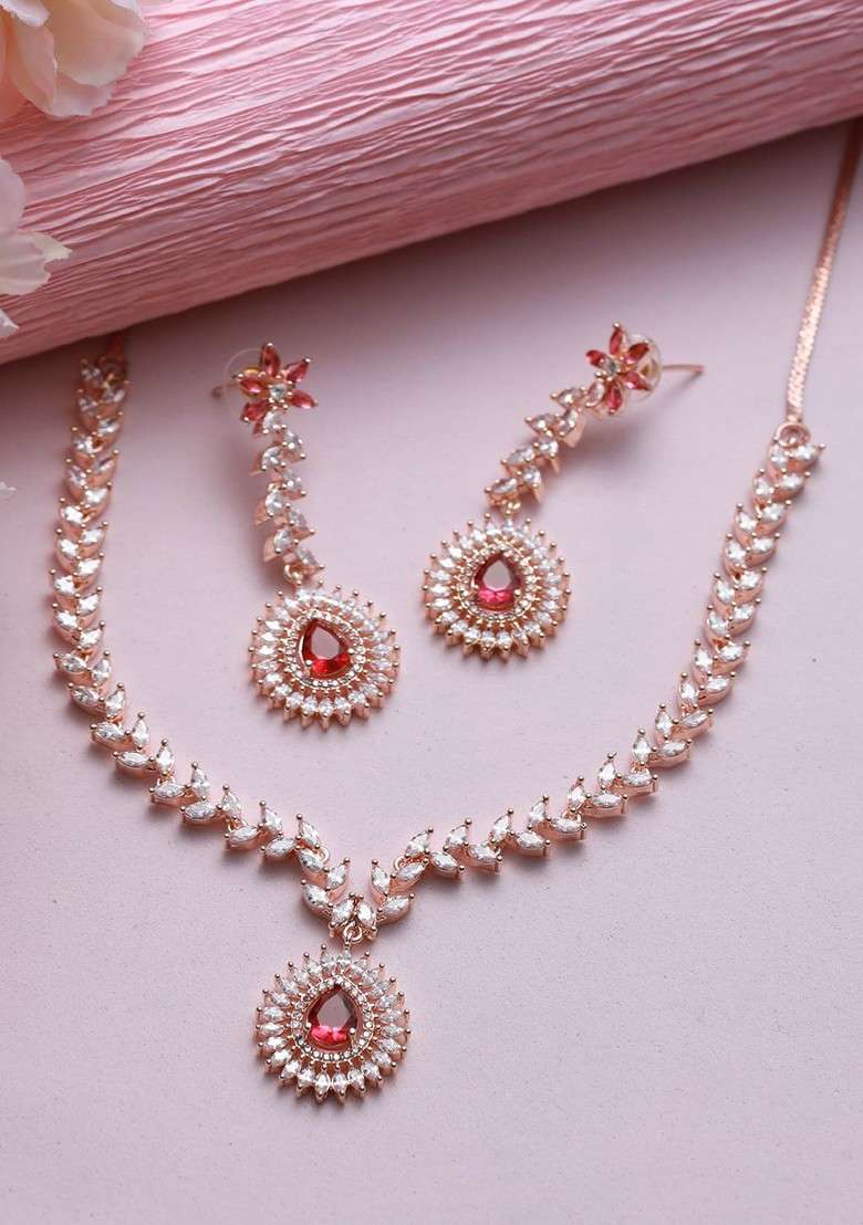Rose Gold Plated Rose Gold Toned Ad And Cz Studded Jewellery Set - Indya