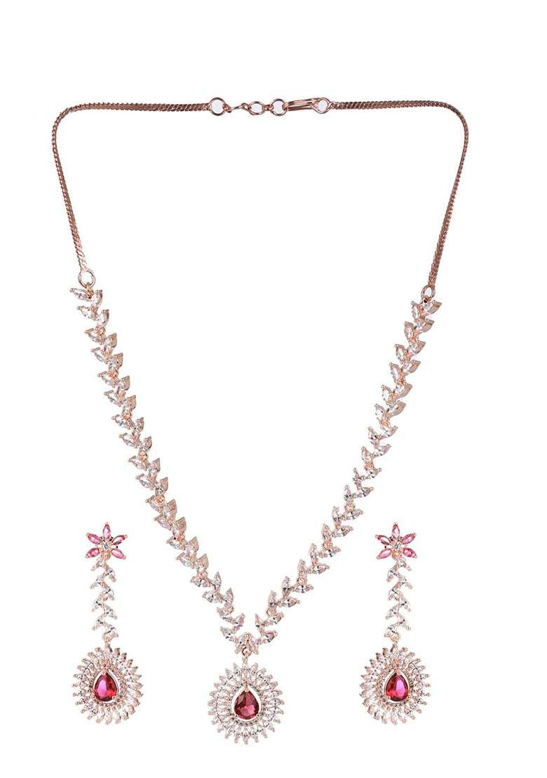 Rose Gold Plated Rose Gold Toned Ad And Cz Studded Jewellery Set - Indya