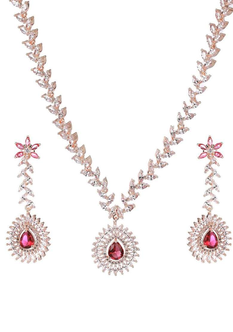 Rose Gold Plated Rose Gold Toned Ad And Cz Studded Jewellery Set - Indya