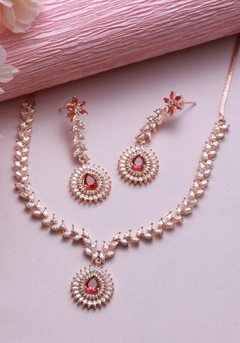 Rose Gold Plated Rose Gold Toned Ad And Cz Studded Jewellery Set