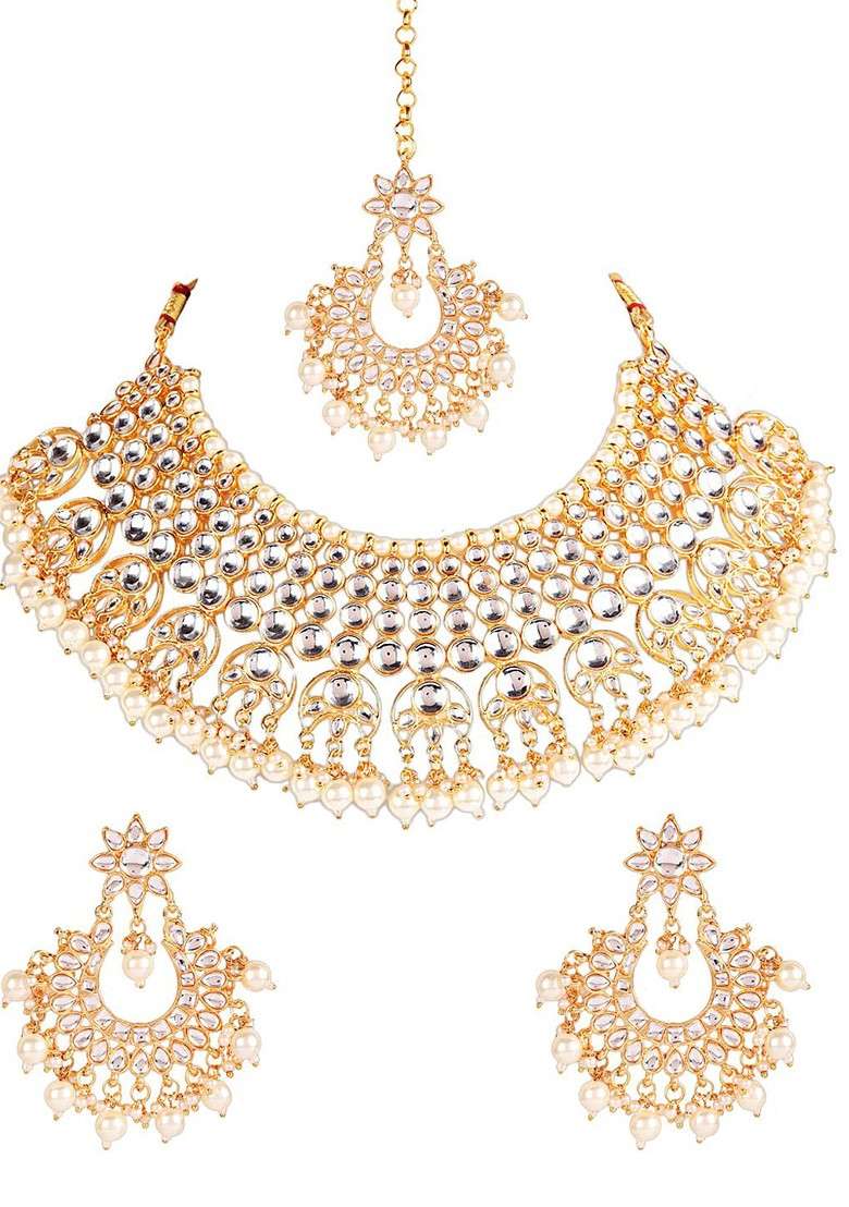 Gold Plated White Kundan And Bead Studdedvjewellery Set With Maang Tika - Indya