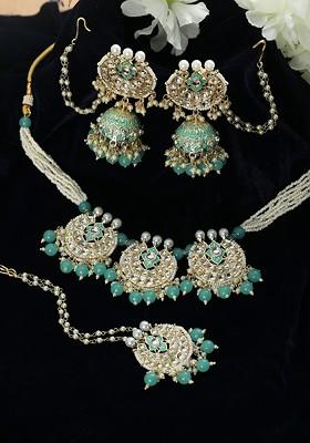 Gold Plated Green Stone Studded Jewellery Set