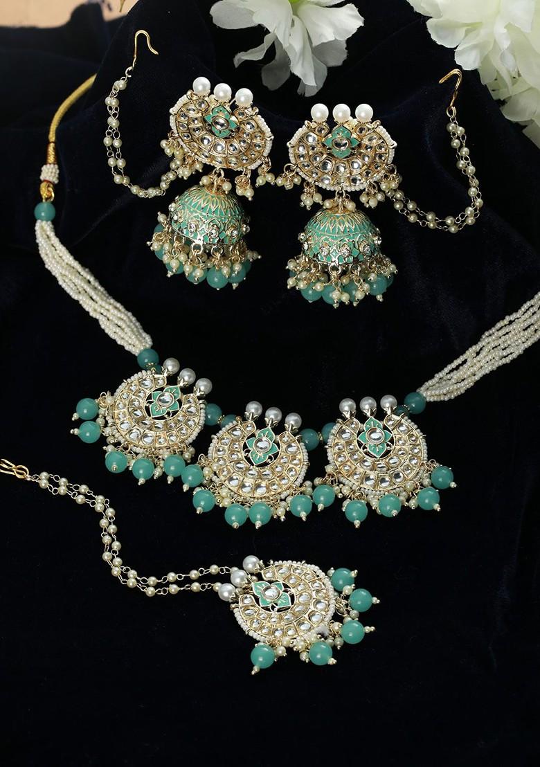 Gold Plated Green Stone Studded Jewellery Set