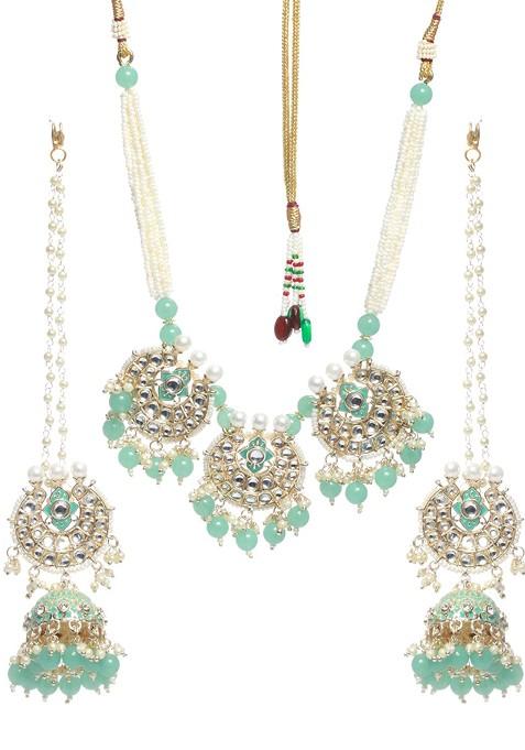 Gold Plated Green Stone Studded Jewellery Set