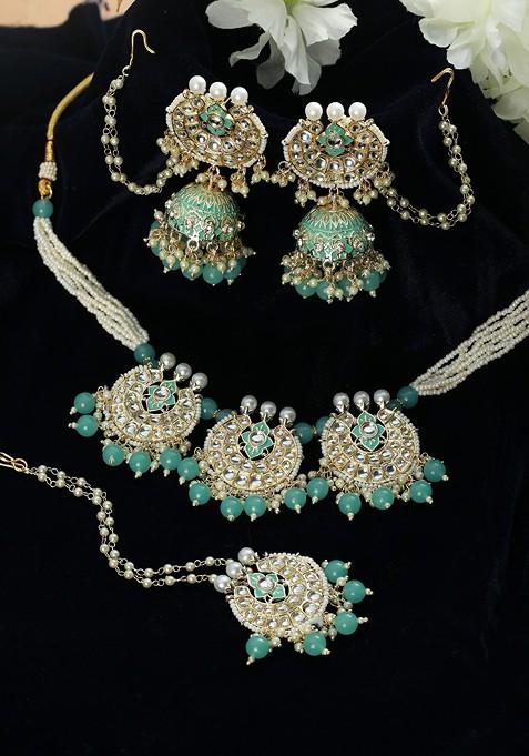 Gold Plated Green Stone Studded Jewellery Set