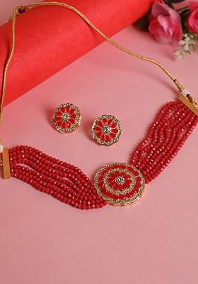Gold Plated Gold Toned Red Kundan Studded Choker Jewellery Set