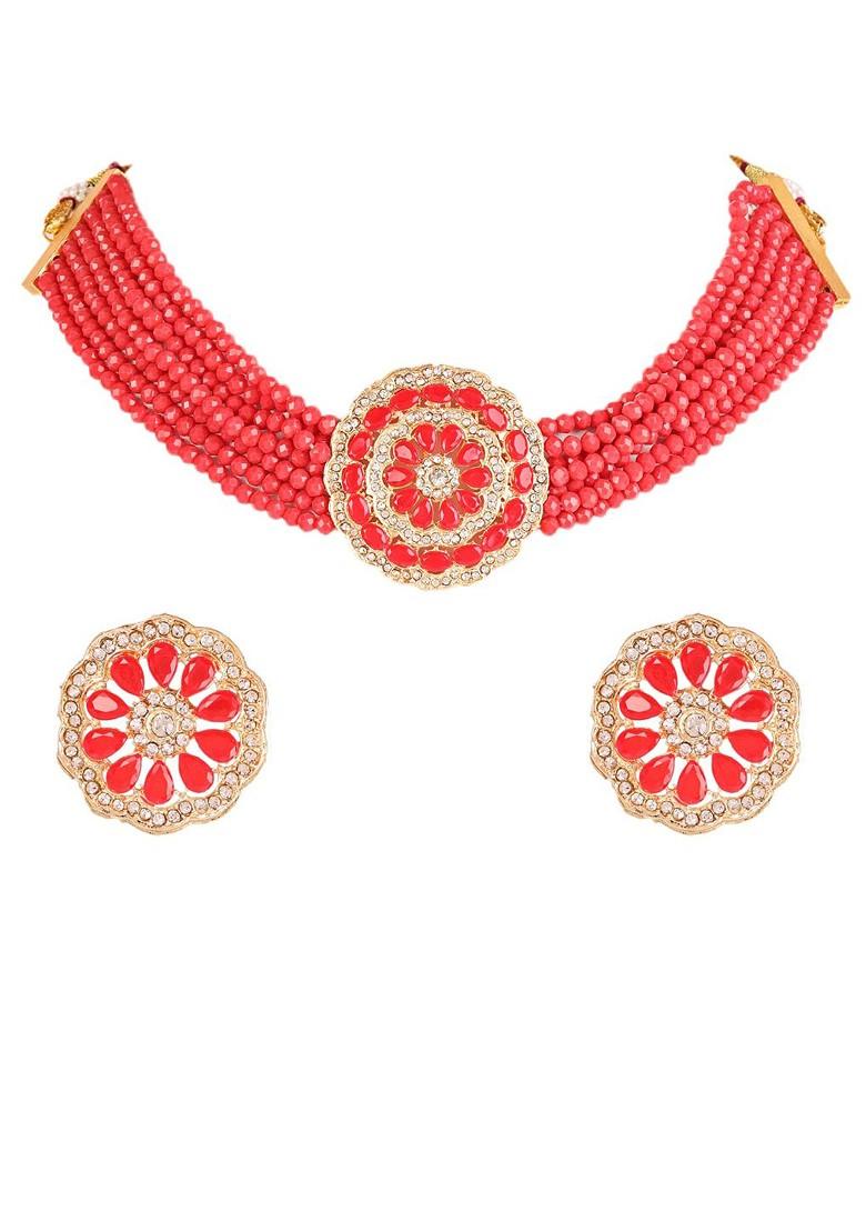 Gold Plated Gold Toned Red Kundan Studded Choker Jewellery Set - Indya