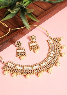 Gold Plated White Beads Reversible Necklace Jewellery Set