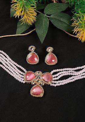 Gold Plated Pink Kundan And Ad Studded Jewellery Set