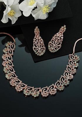 Women Rose Gold Plated White Cz Studded Jewellery Set