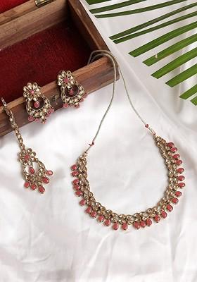 Gold Plated Pink Kundan Studded Jewellery Set