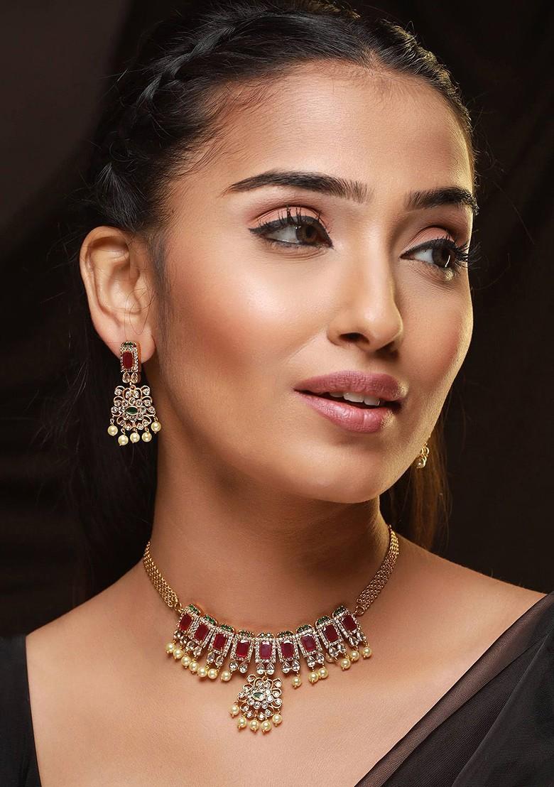 Gold Plated And Ad Studded Temple Choker Jewellery Set