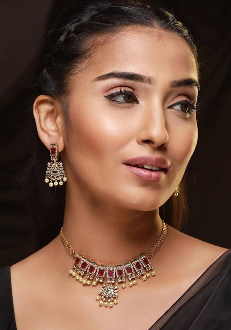 Gold Plated And Ad Studded Temple Choker Jewellery Set