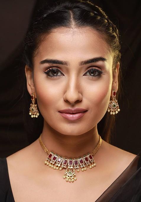 Gold Plated And Ad Studded Temple Choker Jewellery Set