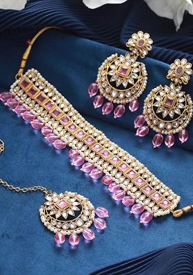 Gold Plated Kundan And Bead Studded Jewellery Set