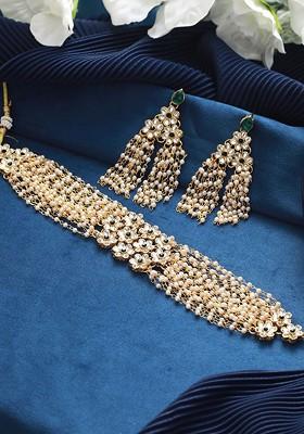 Gold Plated Kundan Studded And Pearl Beaded Jewellery Set