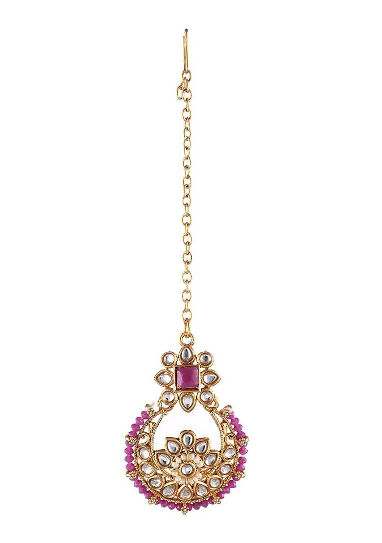 Gold Plated Kundan Studded And Pearl Beaded Choker Jewellery Set With Maangtikka - Indya