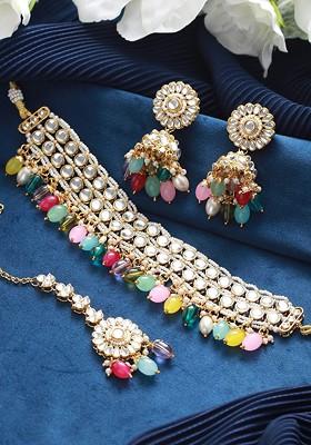 Gold Plated Kundan And Bead Studded Jewellery Set