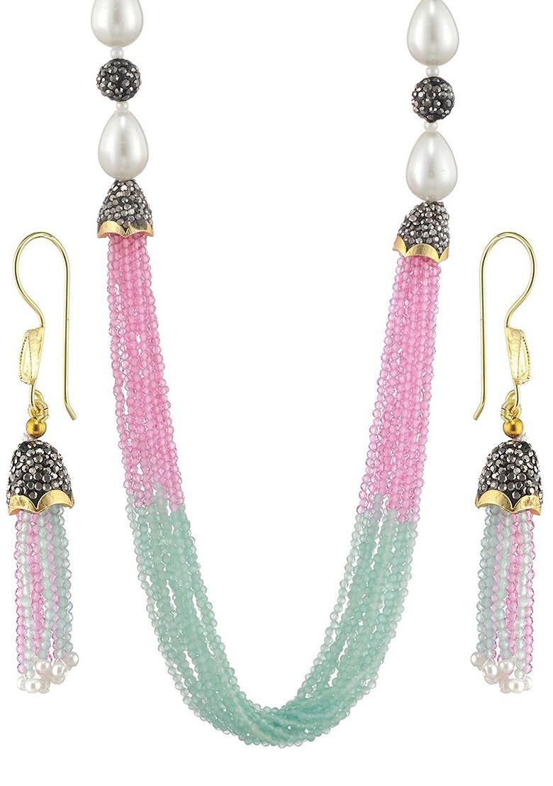 Gold Plated Beaded Necklace And Earrings - Indya