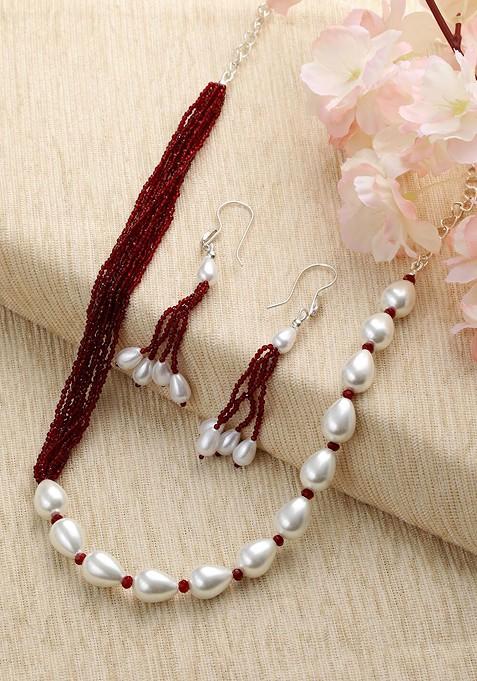 Silver Plated Beaded Necklace And Earrings