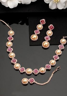 Gold Plated Ad Studded Necklace And Earrings And With Maang Tika