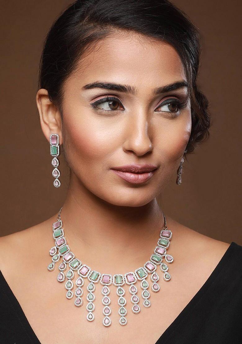 Silver Plated Ad Studded Jewellery Set