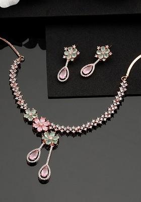Rose Gold Plated Ad Studded And Beaded Jewellery Set