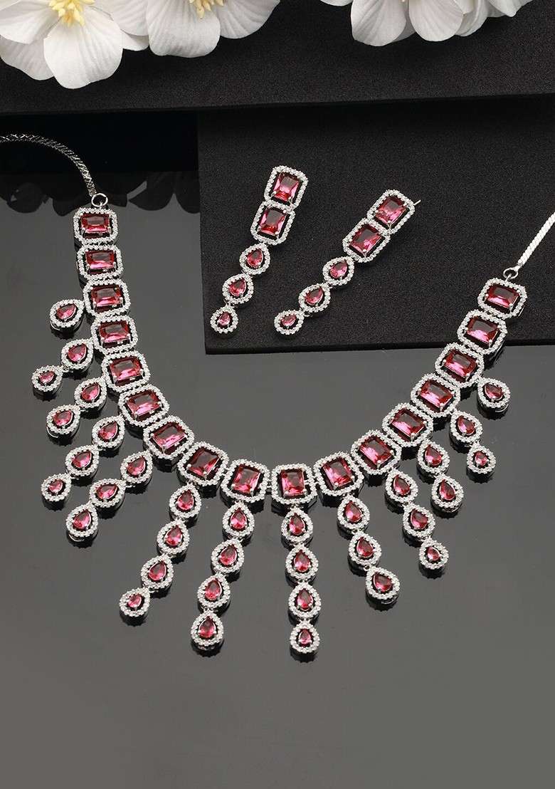 Silver Plated Cz Stone Studded Jewellery Set - Indya
