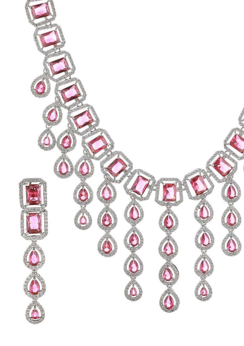 Silver Plated Cz Stone Studded Jewellery Set - Indya