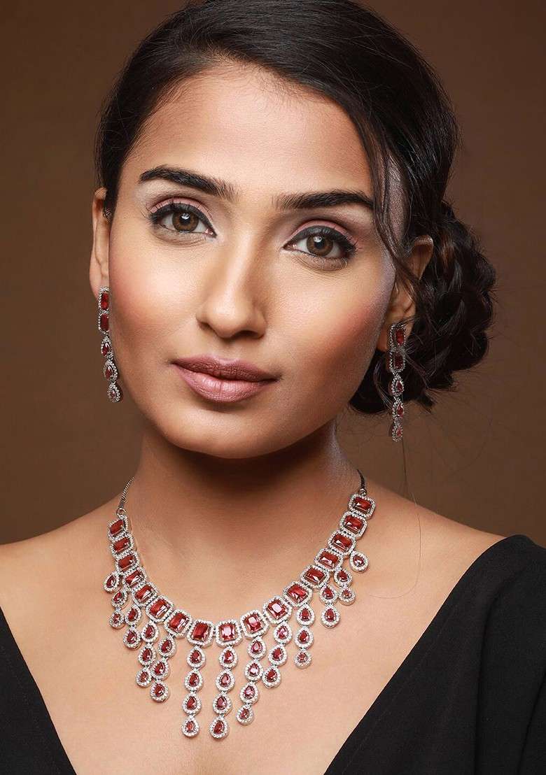 Silver Plated Cz Stone Studded Jewellery Set - Indya