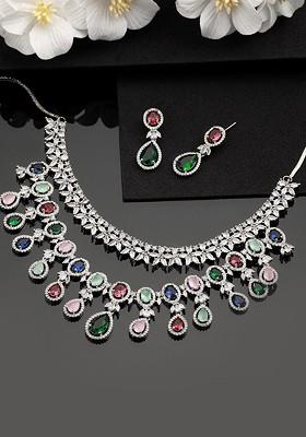 Silver Plated Ad Studded And Beaded Layered Jewellery Set