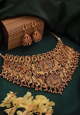 Gold Plated Stone Studded And Beaded Necklace And Earrings
