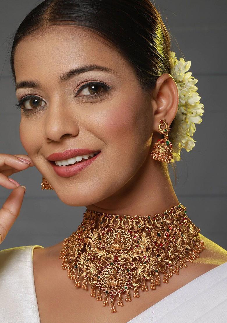 Gold Plated Stone Studded And Beaded Necklace And Earrings - Indya