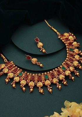 Gold Plated Stone Studded Necklace And Earrings