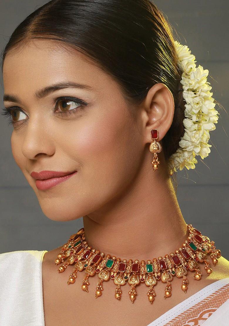 Gold Plated Stone Studded Necklace And Earrings