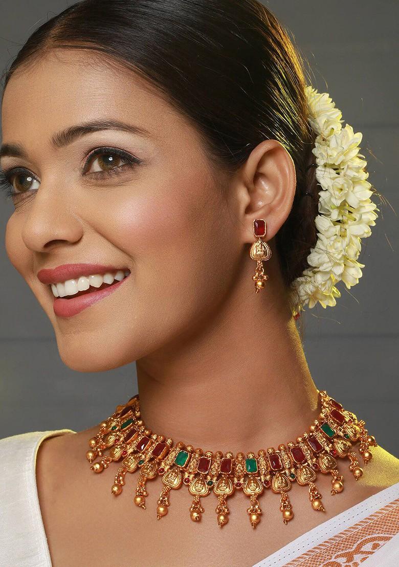 Gold Plated Stone Studded Necklace And Earrings