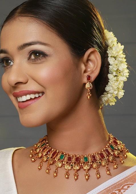 Gold Plated Stone Studded Necklace And Earrings