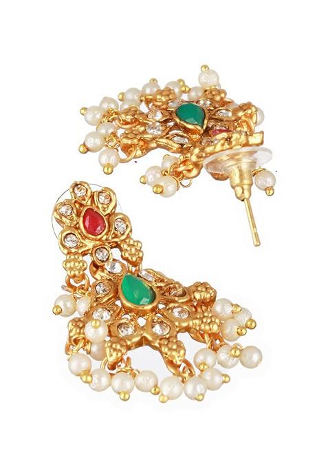 Gold Plated Stone Studded And Beaded Necklace And Earrings